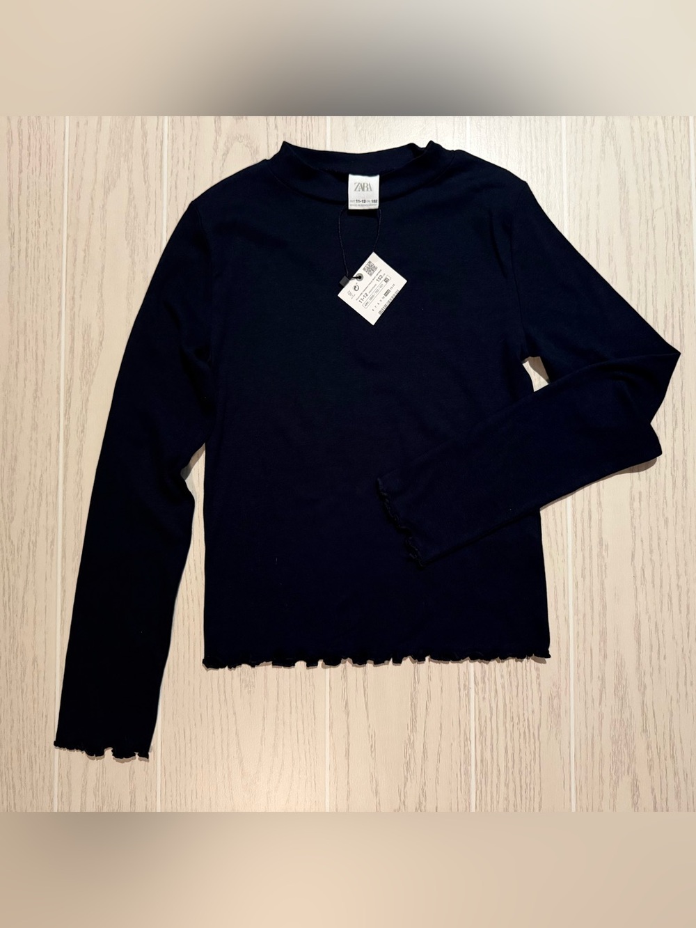 Zara Girls 11/12 Black Lettuce Hem Long Sleeve Mock Neck Top NWT